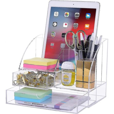 Organiseur de bureau haut de gamme en acrylique transparent avec 2 tiroirs, rangement tout-en-un pour accessoires de bureau (acrylique transparent) (1/5)