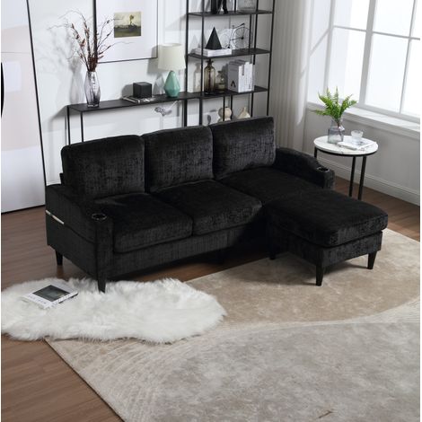 Canapé 4 places 196.5x75x77 cm noir en chenille avec pouf coffre, porte-gobelets et poches latérales (1/5)