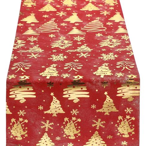 Chemin de Table Non-Tissé Rouge et Or avec Motifs à Sapin de Noël et Flocon de Neige pour Décoration, DIY, Emballage, 28cmx10m (1/5)