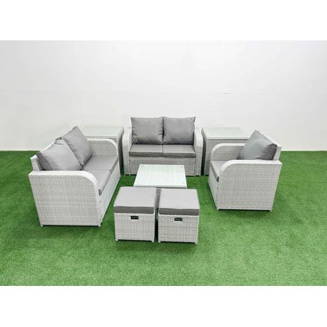 Fimous High Back Poly Rattan Garden Furniture Set with Reclining Chair Loveseat Sofa Square Coffee Table Indoor Outdoor Patio Set 2 Stool 2 Side Table Light Grey (1/4)