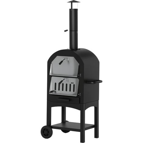 Pizzaofen für den Außenbereich – Mobiler Grill mit Feuersteinen und Thermometer – Grau-schwarzer Stahl