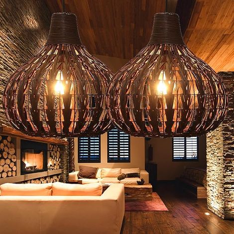 Suspension d’abat-jour tressée en rotin métal E27 semi-intégré avec suspension de plafond en fil réglable pour Restaurant Bar Home Deco Lighting (1/5)