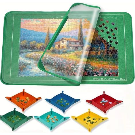 Puzzlebrett, 1000 Puzzleteile, 32 x 22 Zoll großes Puzzlebrett, Puzzlezubehör, Aufbewahrungsbox für einfaches Transportieren und Verstauen (1 transparenter Deckel, 6 Puzzlesortierschalen). (1/5)