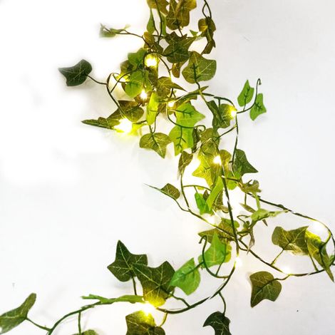Guirlande lumineuse à feuilles vertes - Modèle à piles 5 m, 50 LED [Lumière chaude] - Guirlande lumineuse bicolore en fil de cuivre, motif feuilles d'érable vertes.
