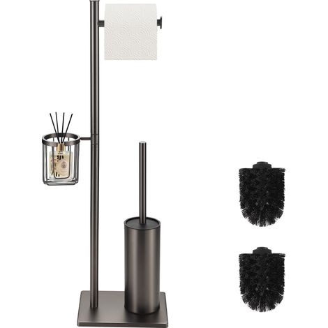 Ensemble Brosse Toilettes WC et Porte Papier en Acier Inoxydable,Brosse WC et Panier de Rangement 3 en 1, Porte Rouleau au Sol au Design Minimaliste et Gain de Place (Gris Mat) (1/5)