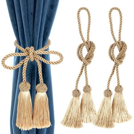 Lot de 2 embrasses de Rideaux Faites à la Main en Corde avec Pompons pour Rideaux de Fenêtre Drapé Corde pour Décoration de Maison ou de Bureau,doré (1/5)