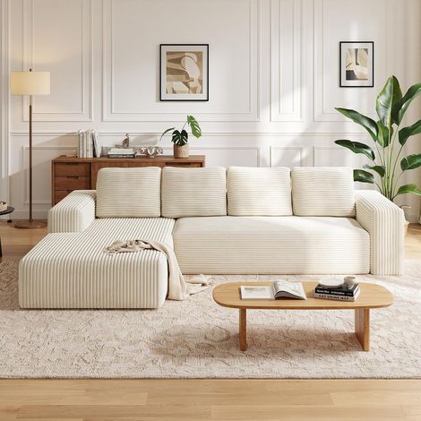 Schlafsofa 4-Sitzer ohne Montage, Gästebett mit Schlaf Funktion, Cordvelours Weiß, B 261 x H 58 x T 88 cm (1/5)