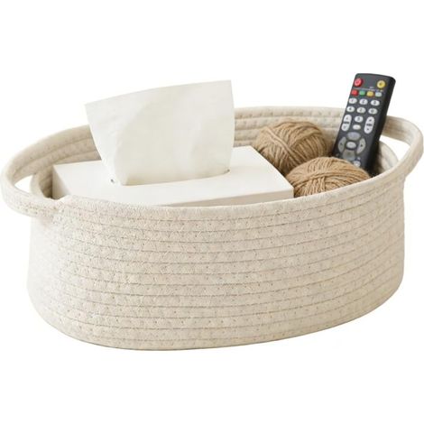 Panier de rangement en corde tressée avec poignée, petit panier décoratif blanc pouvant servir de panier cadeau.