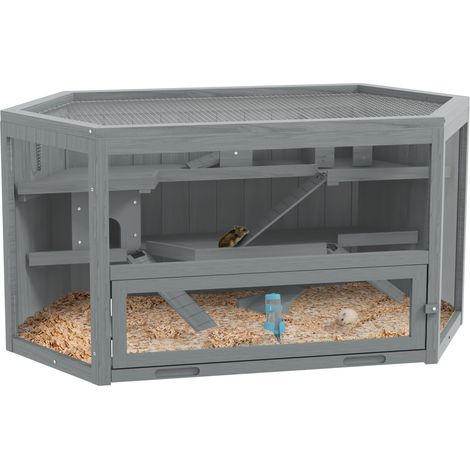 Sechseckiger 3-stöckiger Nagerkäfig aus Holz und Drahtgitter 115 x 60 x 55 cm Grau MODENUIT (1/5)