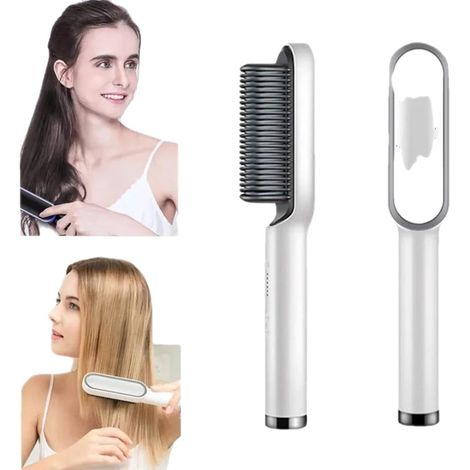 Brosse lissante cheveux avec peigne intégré, chauffage PTC 30s, 5 réglages température anti-brûlure, lisseur professionnel blanc (1 pièce) (1/5)