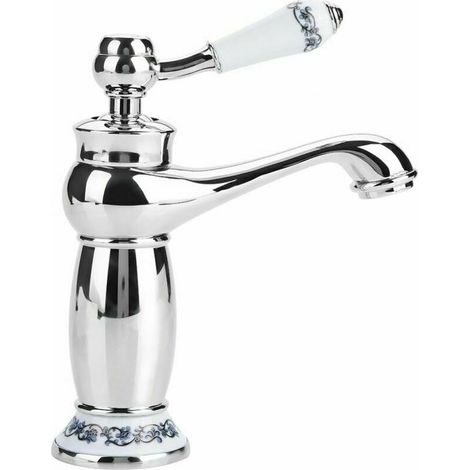 Robinet de lavabo rétro à poignée unique, en laiton et céramique, bleu et blanc, porcelaine, col long, motif floral vintage avec arrivée d'eau chaude/froide, cuisine, salle de bain (chrome) (1/5)