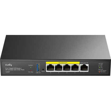 Cudy Router VPN SMB 2-In-1 AP Controller C200P, 4 Porte LAN GbE PoE+, 1 Porta WAN Gigabit, USB 3.0, Fino A 200 AP, Captive Portal, WireGuard/OpenVPN/IPsec (1/5)