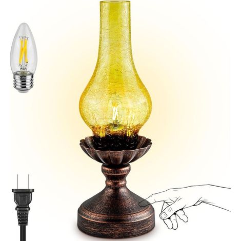 Vintage-Tisch-/Nachttischlampe im rustikalen Retro-Stil mit Touch-Bedienung, 3-stufiger Dimmfunktion, bernsteinfarbenem Glasschirm und LED-Leuchtmittel für Schlafzimmer, Wohnzimmer, Nachttisch und Bür (1/5)