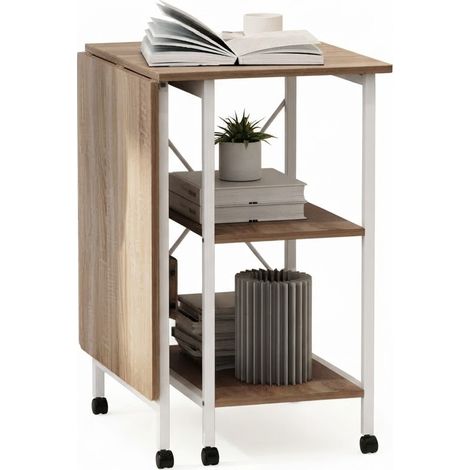 ELVMI Escritorio Plegable con Ruedas, Estante Lateral y Frenos, para Oficina y Dormitorio, MDF Acero, 107x55x76 cm, Blanco (1/5)