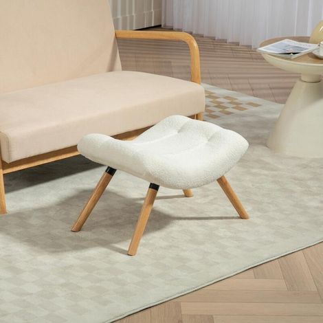 Repose pied salon ottoman pouf salon tabouret de canapé en tissu avec pieds en bois de hêtre, siège rembourré, crème (1/4)