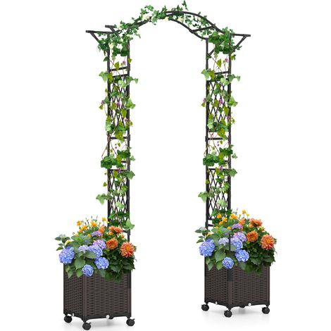 Arco da giardino da 208 cm con 2 fioriere e traliccio, pergolato da esterno in metallo rivestito in PE antiruggine con ruote autoirriganti, nero (1/5)