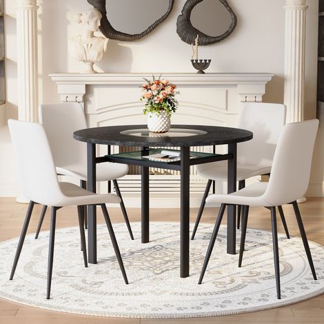 CHICFURN Set tavolo rotondo 100 cm in MDF effetto legno nero con 4 sedie PU bianche (1/5)