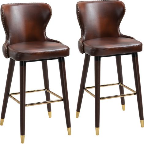 Set of 2 Vintage PU Leather Bar Stools,European Style Counter-Height Chairs with Backrest,Brown Kitchen Seating for Luxury Home Decor (1/5)