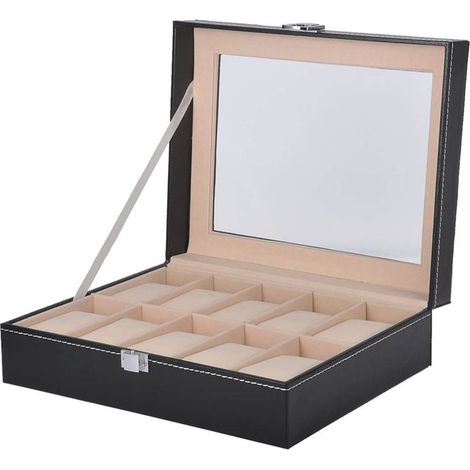 Boîte à Montres 10 Emplacements, Coffret de Rangement en Cuir PU avec Couvercle en Verre, Noir (1/5)