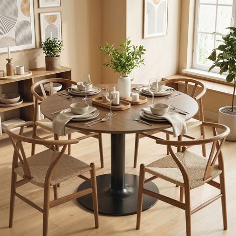 Table de salle à manger ronde 110 cm pour 6 personnes, pied central, design moderne, finition bois brun, idéale cuisine & salon (1/4)