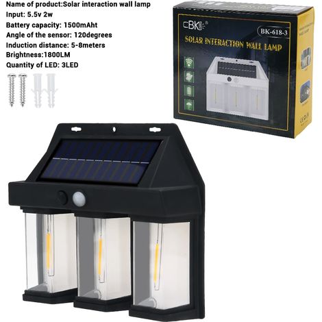 (Noir 3 LED) Applique murale solaire LED tungstène extérieure avec détecteur de mouvement, 3 ampoules, étanche, lanterne pour maison, jardin, cour, rue ou garage. (1/5)