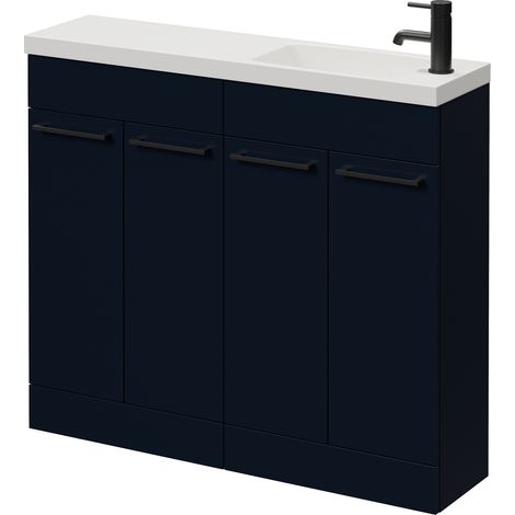 Napoli 250 Deep Blue 1000mm 4 Door Vanity Unit with Round Silvo Basin - 1000mm - Matt Black 160mm Handle