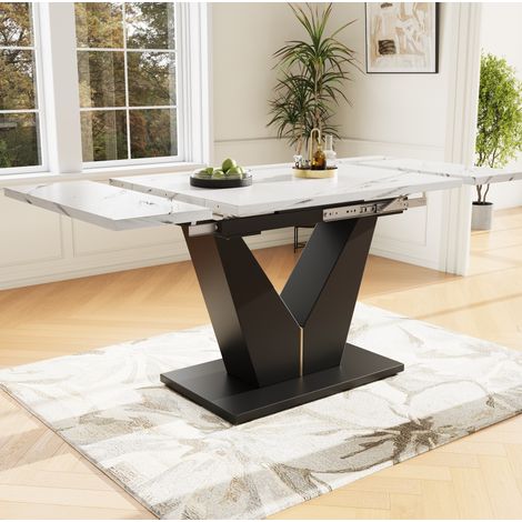 Table à manger extensible 99x75x75 cm blanc et noir en MDF et métal avec plateau effet marbre et pieds réglables (1/5)