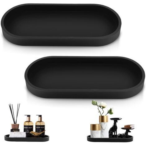 2 Pack Black Silicone Decorative Tray for Bathroom, Dressing Table, Small Tray for Living Room, Bedroom, Wash Basin, Bathtub and Kitchen Sink (Oval) (1/5)