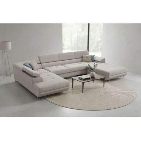 Wohnlandschaft Schlafsofa GIANLUCA in Stoff Gerra Silbergrau Ottomane 105 cm Rechts