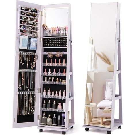Armoire à bijoux verrouillable avec miroir de maquillage intégré, étagères réglables et espace de rangement - violet