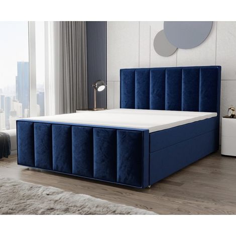 Lit Boxspring Aura - Bleu Foncé - 160x200 Cm - Lit En Velours - Lit Moderne - Matelas À Ressorts Bonnell (1/4)