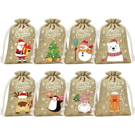 Lot de 8 sacs en toile de jute 10 x 14 cm - Petits sacs cadeaux en tissu avec cordon de serrage - Sacs en tissu imprimé à remplir - Pour bricolage, artisanat, bijoux, mariage, Noël (1/5)