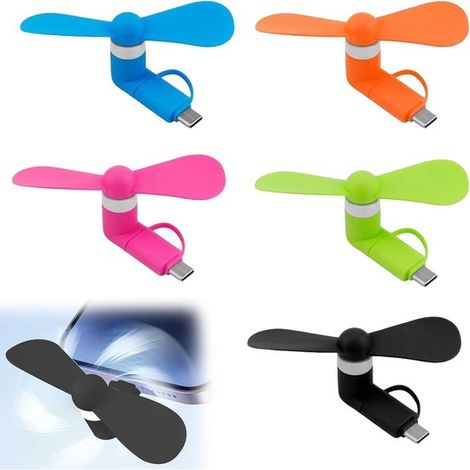 Mini ventilateurs USB pour smartphone 5 pièces – Ventilateurs portables compatibles USB-C et Micro-USB – Mini ventilateurs pour téléphone et ordinateur – Colorés (1/5)