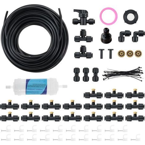 Kit d'irrigation extérieur - Système de brume de 15 m - 17 buses de brouillard en laiton - Tuyau de 15 m - Adaptateur en laiton - Pour terrasse, jardin, serre (1/5)