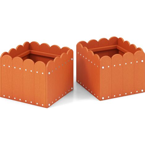 Lot de 2 jardinières carrées orange en HDPE avec drainage et fond renforcé, effet bois, pour balcon, terrasse et jardin (1/5)