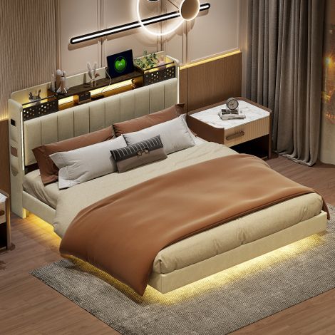 Lit adulte 160x200 cm, lit capitonné beige avec éclairage LED, prise USB, tête de lit avec rangement, sans matelas, tissu lin (1/5)