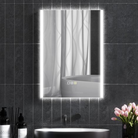 Espejo de baño con luz LED de 3 colores, 70x50 cm, espejo de pared reversible de cristal templado con brillo ajustable, función de memoria, antivaho, interruptores táctiles, IP44