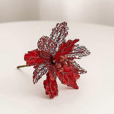 1 fleur de Noël de 20 cm, décoration pour sapin de Noël, paillettes, fausse fleur artificielle, ornement de Noël, décoration de Noël et du Nouvel An, petite fleur rouge de 15 cm. (1/5)