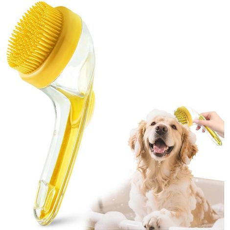 Brosse de bain pour animaux 5 en 1 avec distributeur shampoing, manche acier, silicone amélioré dents fines jaune pour chien (1/5)