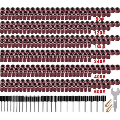 Manchons de ponçage et ensemble de tambour, 510 pièces, comprenant 504 bandes de ponçage, 24 mandrins de tambour de ponçage, 2 mandrins de perceuse à serrage automatique et 1 clé combinée. (1/5)