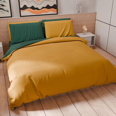 Set Housse de Couette 250x200 cm 2 Taies d'oreiller 50x80 cm Incluses, Parure de Lit Microfibre 2 Personnes Douce Vert Émeraude Jaune (1/5)