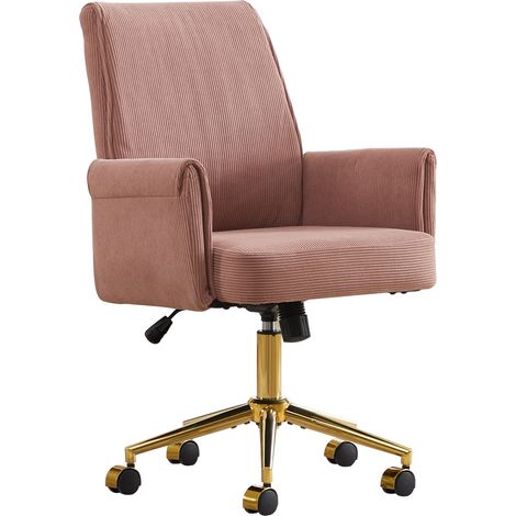 Silla de oficina giratoria regulable en altura, de pana rosa, respaldo medio y base metálica dorada (1/5)