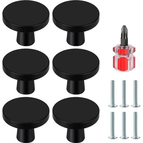 6 Pièces Boutons de Porte Noirs, Boutons Ronds pour Meubles, Armoire, Tiroir, Cuisine, Commode, Placard, avec Tourne - 6 Pièces-noir (1/5)