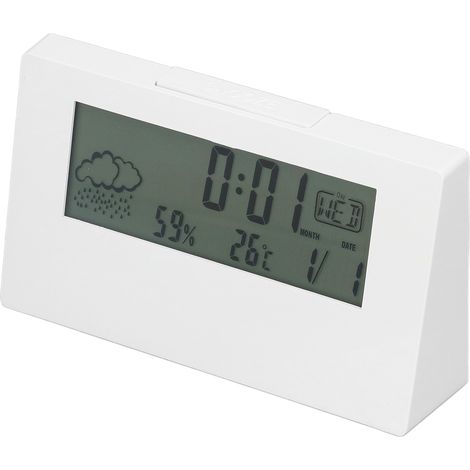 Digitaler Wecker mit Schlummerfunktion, LCD-Anzeige von Uhrzeit, Datum, Temperatur und Luftfeuchtigkeit, elektronischer Nachttischwecker mit weißer Hintergrundbeleuchtung. (1/5)
