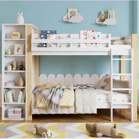 Lit superposé enfant 90 x 200 cm blanc et bois avec rangements et armoire latérale – couchage (1/5)