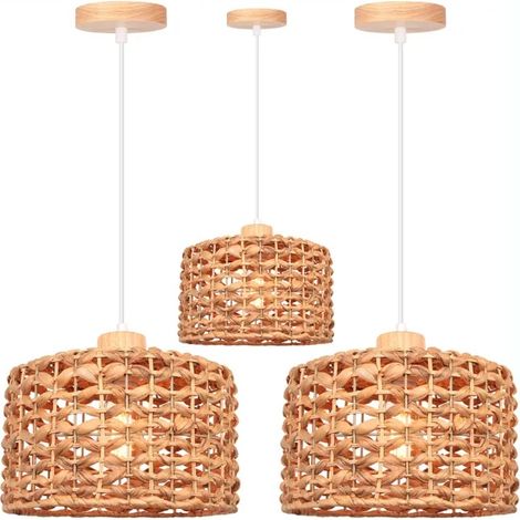Lot de 3 Lustre Salon,E27 Lampe Suspension Industriel Abat-jour en Fenugrec Designe Géométrie Style Vintage pour Salon (1/5)