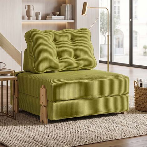 Creahappy Fauteuil Convertible 90x86x84cm - Banquette Lit 1 Place Gain de Place - Velours Côtelé Vert Style Scandinave (1/5)