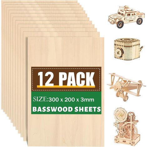 12 Pièces A4 Contreplaqué 3mm, Feuilles de bois de tilleul 300mm×200mm, Bois de Tilleul, Planche Bois Brut pour Projets Laser, Artisanat, Modèles de Bricolage (1/5)