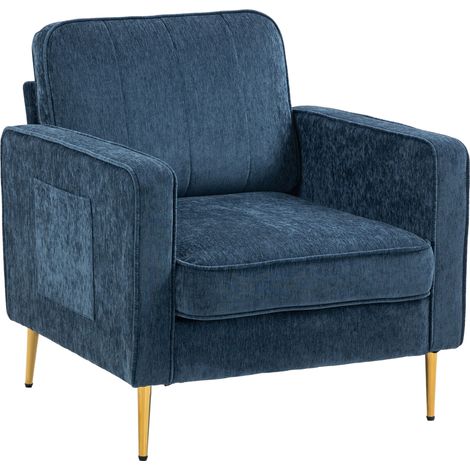 Blauer Stoffsessel mit Armlehnen, goldenen Beinen und seitlichem Stauraum bequem für Wohnzimmer, Büro oder Schlafzimmer. (1/5)