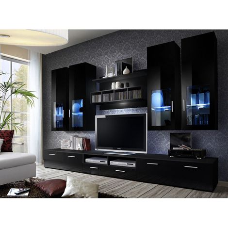 Ensemble meuble TV mural  - LYRA NIGHT - 300 cm  x 190 cm x 45 cm - Noir - Livraison gratuite